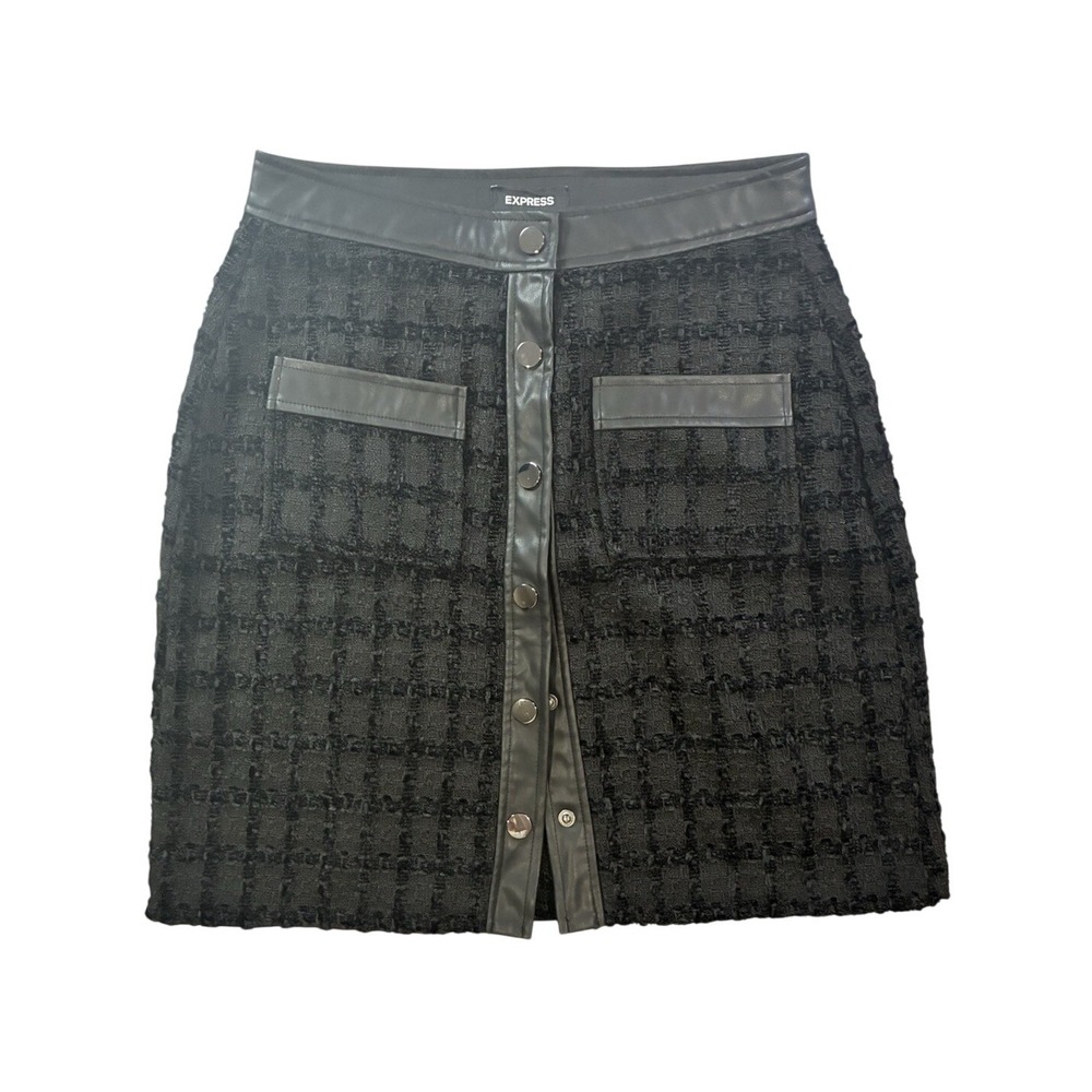 Express Women's 4 High Waist Tweed Mini Skirt Faux Leather & Button Detail Black